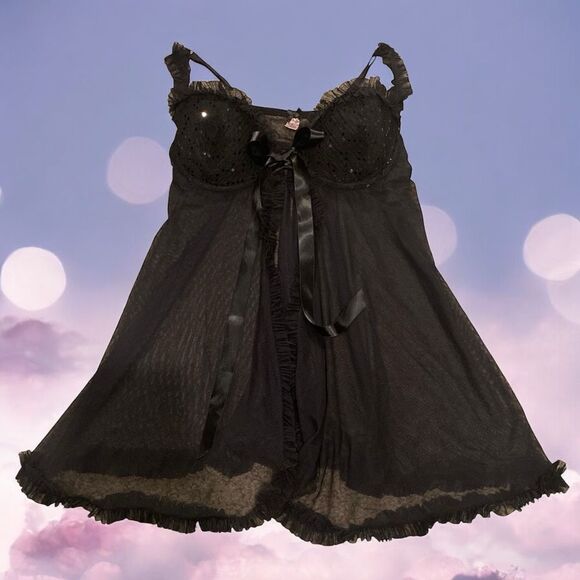 Y2K Victoria’s Secret 36B Push Up Ruffled Lace Babydoll Top Black Sequin Mesh - Picture 1 of 11